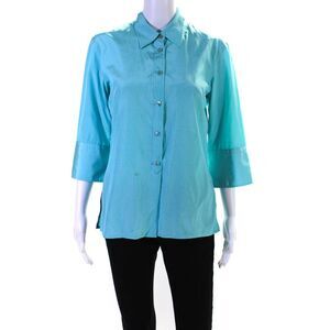 MAG Womens Button Front 3/4 Sleeve Collared Silk Shirt Blue Size 10